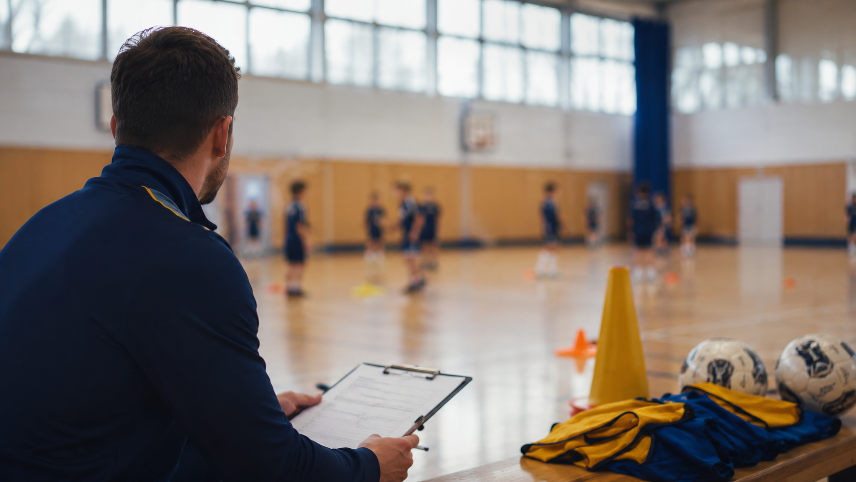 Coach supporting PE and school sport delivery in a school sports hall